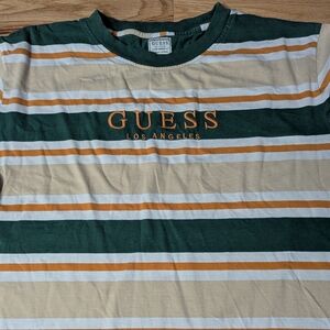 Vintage Guess Men XL TShirt Green Orange Los Angeles Striped Made in India